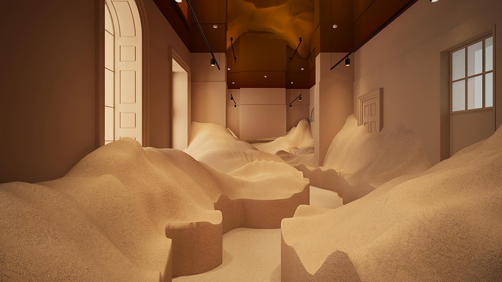 A visualisation of Dubai's Pavilion. Structures of sand mounds rise to windows and doors with a path cutting through the middle of the room.