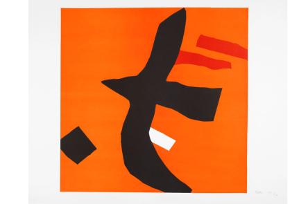 A lithograph by artist Philip Sutton, Pacific, 1966, courtesy Gwen Hughes Fine Art, showing an abstract black bird form set against an orange backdrop