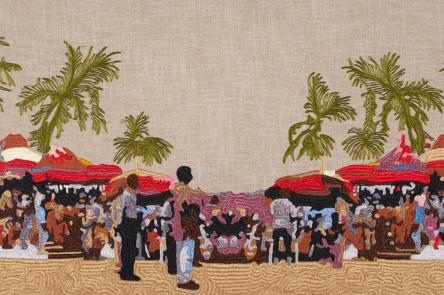 An embroidered tapestry by artist Rita Mawuena Benissan from 1957 that captures a market scene with palm trees in the background