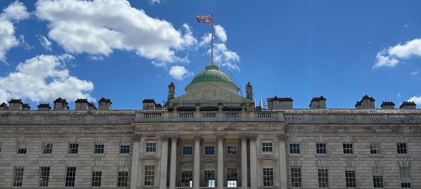 A flag commission titled Screaming Suns flies over the South Wing, bearing an illustration created by Charles Jeffrey to mark the opening of his exhibition The Lore of LOVERBOY