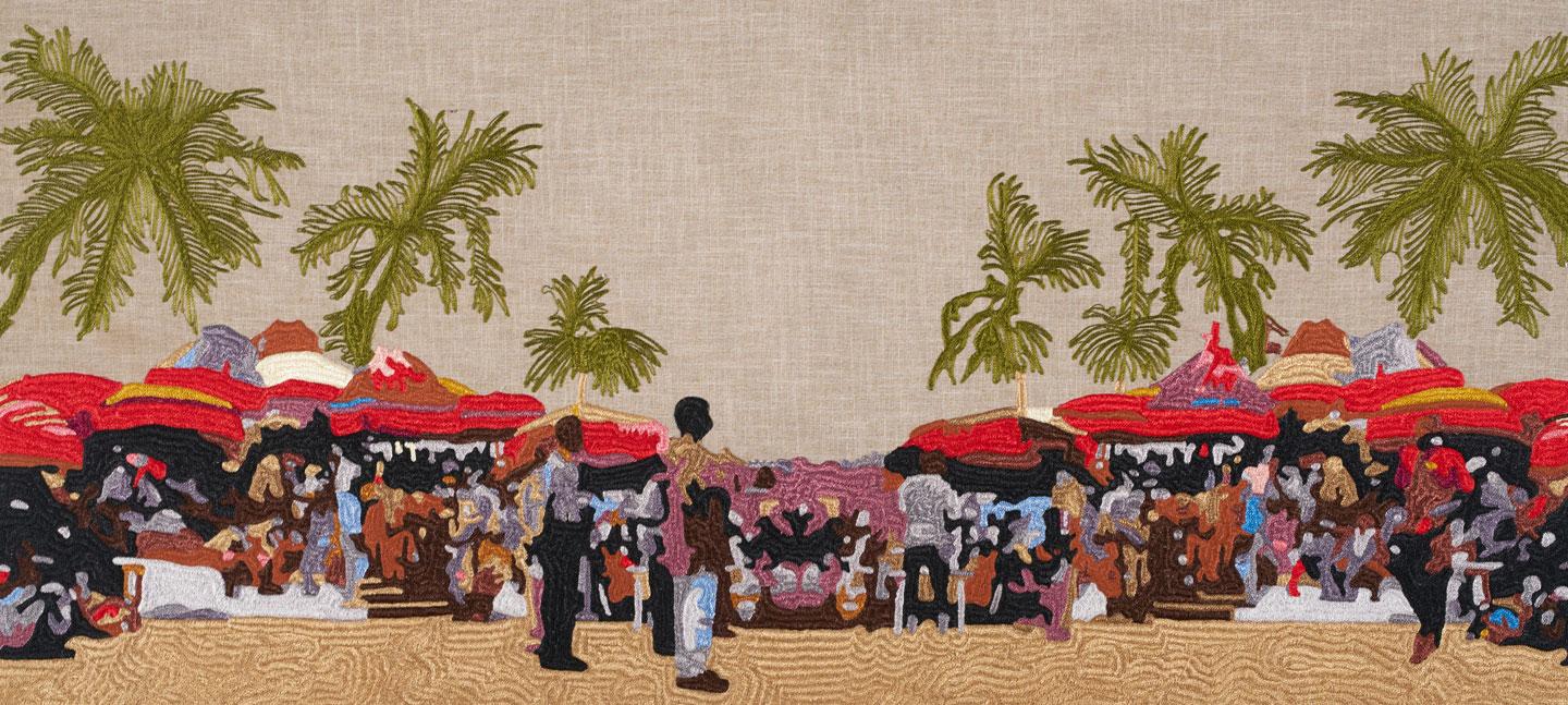 An embroidered tapestry by artist Rita Mawuena Benissan from 1957 that captures a market scene with palm trees in the background