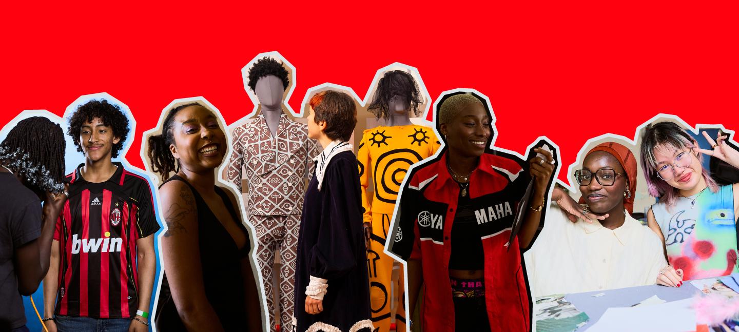 A collage image of young people enjoying themselves at the last Upgrade Yourself takeover, displayed on a vibrant red background, the colours of Charles Jeffrey LOVERBOY..