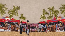 An embroidered tapestry by artist Rita Mawuena Benissan from 1957 that captures a market scene with palm trees in the background