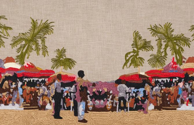 An embroidered tapestry by artist Rita Mawuena Benissan from 1957 that captures a market scene with palm trees in the background